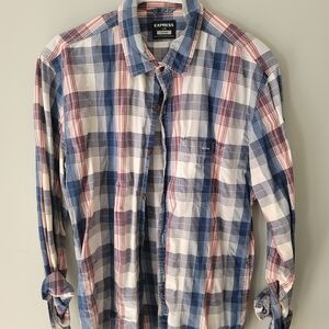 Express Men's Blue and Red Plaid Shirt
